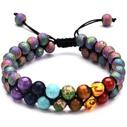 Heavstjer Yoga Chakra Bead Bracelet Double Row Natural Stone Adjustable Rope Bracelet