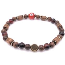 Mens Evil Eye Glass Senna Siameawood Mala Beads Stretch Bracelet Handcrafted in USA - Natural