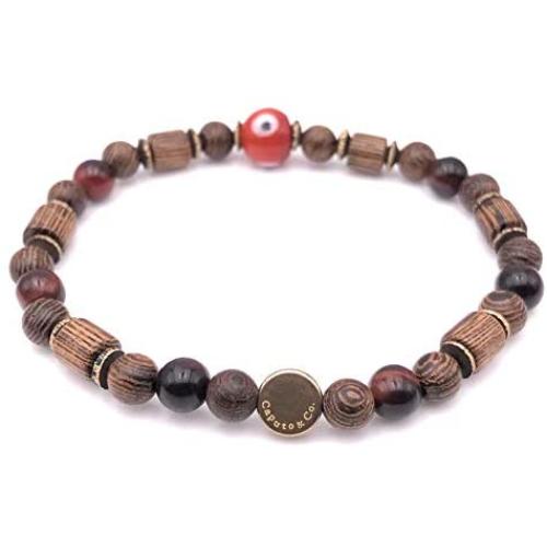 Mens Evil Eye Glass Senna Siameawood Mala Beads Stretch Bracelet Handcrafted in USA - Natural
