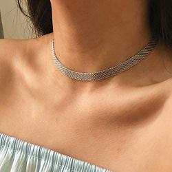 HMIXN Mesh Chain Necklace Choker Bracelet Set for Women, Stainless Steel Weaved Wide Link in 8mm, Jewelry with 13.8''+2'' 7.3''