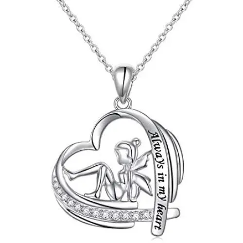 Sterling Silver Angel Girl Love Heart Engraved Word Always in my heart Pendant Necklace for Women Teenage Girls Princess
