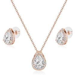 CZ Teardrop Necklace and Stud Earrings Set 14K White Gold Plated Wedding Jewelry for Bridal