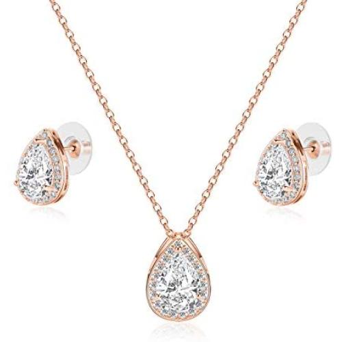 CZ Teardrop Necklace and Stud Earrings Set 14K White Gold Plated Wedding Jewelry for Bridal