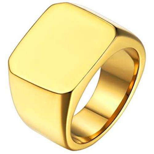 FaithHeart Personalized Signet Ring for Men, Stainless Steel/Gold Plated Solid Polished Jewelry, Initial Engraving Monogram Pinky Rings Custom with 3 Letters, Size 7-12 (Send Gift Box)