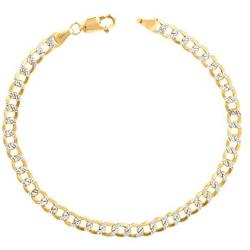 Nuragold 10k Yellow Gold 4.5mm Cuban Chain Curb Link Diamond Cut Pave Two Tone Bracelet, Mens Womens Lobster Lock 7'' 7.5'' 8'' 8.5'' 9''