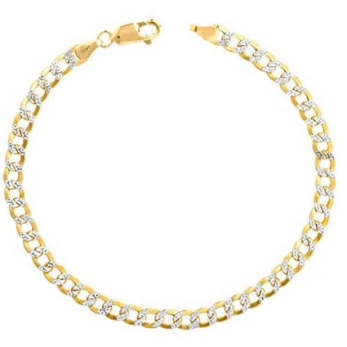 Nuragold 10k Yellow Gold 4.5mm Cuban Chain Curb Link Diamond Cut Pave Two Tone Bracelet, Mens Womens Lobster Lock 7'' 7.5'' 8'' 8.5'' 9''