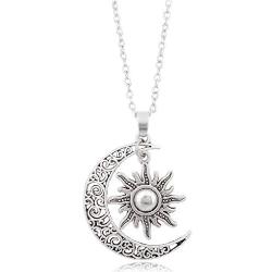 Caiyao Vintage Silver Crescent Moon and Sun Pendant Necklace Retro Swirl Filigree Jewelry for Men Women Teens