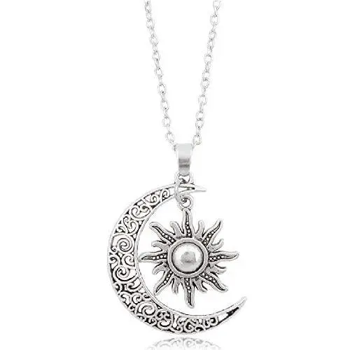 Caiyao Vintage Silver Crescent Moon and Sun Pendant Necklace Retro Swirl Filigree Jewelry for Men Women Teens Caiyao Vintage Silver Crescent Moon and Sun Pendant Necklace Retro Swirl Filigree Jewelry for Men Women Teens