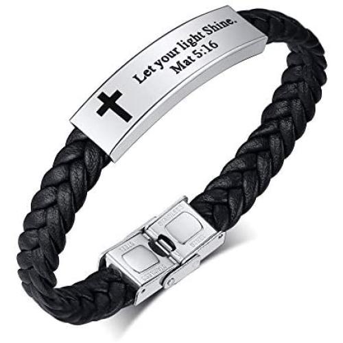 MPRAINBOW Christian Gifts for Men Women,Inspirational Religious Bracelets-Cross Jesus God Scripture Bracelet,Bible Verse Personalized Mantra Quotes Engraved Jewelry Braided Leather Cuff Bracelet