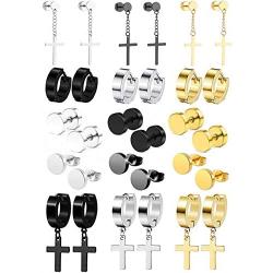 Jewdreamer 15 Pairs Stainless Steel Stud Dangle Earrings Set for Men Women Cool Huggie Hoop Earring Piercing