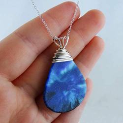 Northern Lights Teardrop Pendant Necklace, Double-Sided, Coated Stainless Steel, 18'' Sterling Silver Chain, Aurora Borealis
