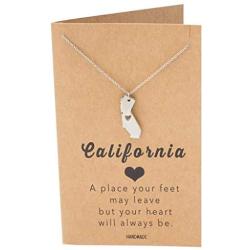 Quan Jewelry California State Necklace, Handmade California Map Pendant Charm, Inspirational Necklace with Greeting Card (Silver)