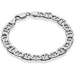 Miabella 925 Sterling Silver Italian Solid 7mm Diamond-Cut Flat Mariner Link Chain Bracelet for Men 7.5, 8, 8.5, 9 Inch, Made in Italy