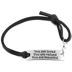charmandjoy Slide Knot Adjustable Praise Message Engraved You are Loved You are Valued You are Beautiful Leather Inspirational/Motivational/Love Bracelets,Gifts for Mother/Daughter/Friends/Women.