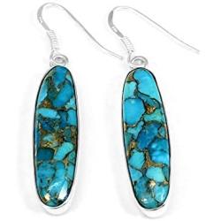 Natural Turquoise 30X8 MM Long Cabochons Studded in Solid 925 Sterling Silver Dangling Earrings Jewelry