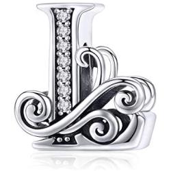 Solid 925 Sterling Silver with Cubic Stones, Complete A~Z Gift Options Alphabet Charm Letter Beads fit Pandora European Bracelets