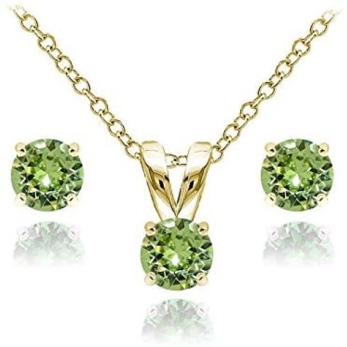 GemStar USA Yellow Gold Flashed Sterling Silver Solitaire Necklace & Stud Earrings Set Made with Swarovski Crystals