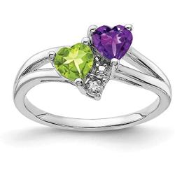 White Sterling Silver Ring Band Gemstone Amethyst Heart Purple Peridot Green Diamond Round