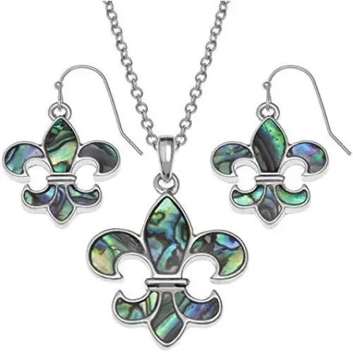 Liavys Fleur De Lis Charm Pendant Fashionable Shell Necklace & Earrings Set - Abalone Paua Shell - Fish Hook - 18'' Link Style Chain - Unique Gift and Souvenir Liavys Fleur De Lis Charm Pendant Fashionable Shell Necklace & Earrings Set - Abalone Paua Shell - Fish Hook - 18'' Link Style Chain - Unique Gift and Souvenir