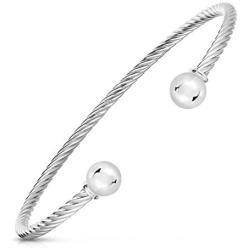 925 Solid Sterling Silver And Stainless Steel Ocean Twisted Bracelet 2-Ball Cuff Bracelet. (Size 7.5)