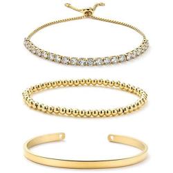 Starain 18K Gold Plated Tennis Bracelets for Women White Cubic Zirconia Bling Bracelet,Gold Copper Beaded Bracelet Cuff Bracelet Set