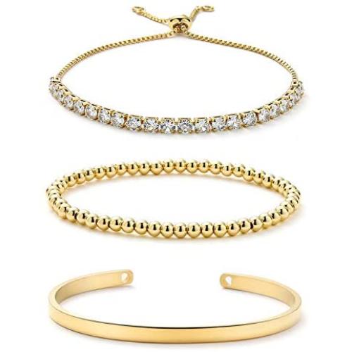 Starain 18K Gold Plated Tennis Bracelets for Women White Cubic Zirconia Bling Bracelet,Gold Copper Beaded Bracelet Cuff Bracelet Set