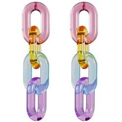 Funky Rainbow Clear Pastel Acrylic Extra Long Link Chain Dangle Earrings Statement Resin Geometric Paperclip Chain Drop Earrings Coloful Lightweight Jewelry for Women Girls Gifts