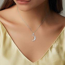 Anniversary Necklace Gifts Sterling Silver Crescent Moon Pendant Rose Flower with Pink Crystal Birthday Christmas Jewelry Gifts for Wife/Girlfriend/Mom