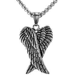 Herinos Stainless Steel Long Pendant Necklace Chain for Men Women Retro Wings Cross Feather Skull