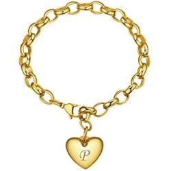 GoldChic Jewelry Personalized Stainless Steel 26 Initial Heart Charm Bracelet Adjustable for Women/Girls,Cable Link Letters Alphabet Mother Daughter Bracelets - (Other Charms Can be Added)