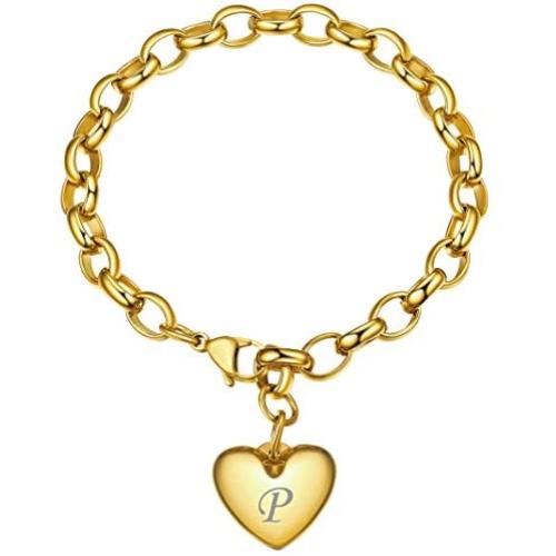 GoldChic Jewelry Personalized Stainless Steel 26 Initial Heart Charm Bracelet Adjustable for Women/Girls,Cable Link Letters Alphabet Mother Daughter Bracelets - (Other Charms Can be Added)