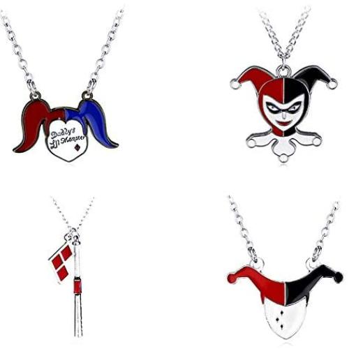 4 Pieces Suicide Squads Necklace Silver Enamel Clown Baseball Joker Harley Quinn Cosplay Necklaces Pendants For Boys Kids