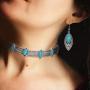 Bohemian Turquoise Necklace Choker Turquoise Earrings Silver Short Choker Necklace Handmade Vintage Necklace with Vintage Statement Drop Dangle Earrings Gothic Boho Jewelry Set for Women