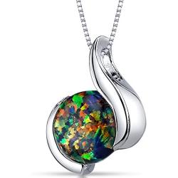 Created Black Opal Pendant Necklace Sterling Silver Round Cabochon 1.75 Carats