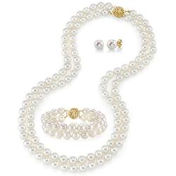 THE PEARL SOURCE 14K Gold AAAA Quality Round White Freshwater Cultured Pearl Double Strand Necklace, Bracelet & Earrings Set in 18-19'' Princess Length for Women