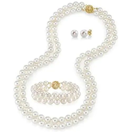 THE PEARL SOURCE 14K Gold AAAA Quality Round White Freshwater Cultured Pearl Double Strand Necklace, Bracelet & Earrings Set in 18-19'' Princess Length for Women THE PEARL SOURCE 14K Gold AAAA Quality Round White Freshwater Cultured Pearl Double Strand Necklace, Bracelet & Earrings Set in 18-19'' Princess Length for Women