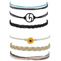 Vsco Wave Bracelet Charm Handmade Braided Wax Rope Wave Bracelet Adjustable Waterproof String Strand Wrap for Women Girls Summer Beach Jewelry Set