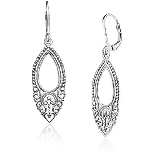 Big Apple Hoops - Lightweight 45mm Victorian Art Deco Filigree Leverback Dangle Pear Shaped Teardrop Earrings Made from Real Solid 925 Sterling Silver Oxidized Finish Big Apple Hoops - Lightweight 45mm Victorian Art Deco Filigree Leverback Dangle Pear Shaped Teardrop Earrings Made from Real Solid 925 Sterling Silver Oxidized Finish
