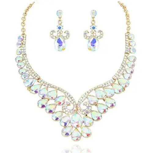 SP Sophia Collection Womens Bridal Teardrop Filigree Austrian Crystal Necklace and Earring Jewelry Set