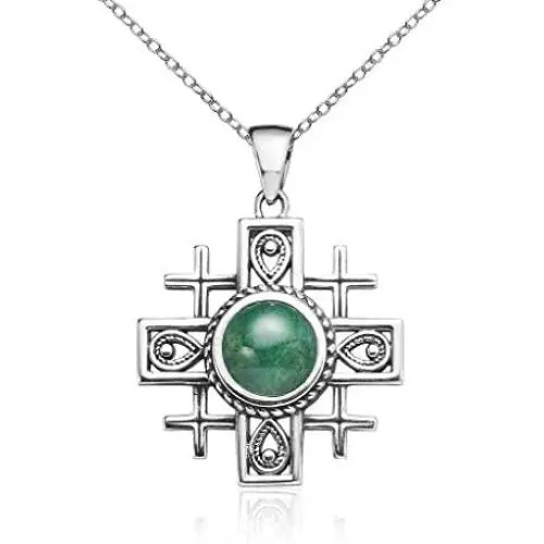 SolidSilver - Sterling Silver Byzantine Cross Pendant Necklace with Genuine Ancient Roman Glass or Crysocola Stone SolidSilver - Sterling Silver Byzantine Cross Pendant Necklace with Genuine Ancient Roman Glass or Crysocola Stone