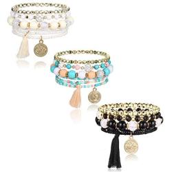 Udalyn 3 Sets Bohemian Stackable Bead Bracelets for Women Men Multilayered Bracelet Set Pendant Tassel Charm Stretch Bangles