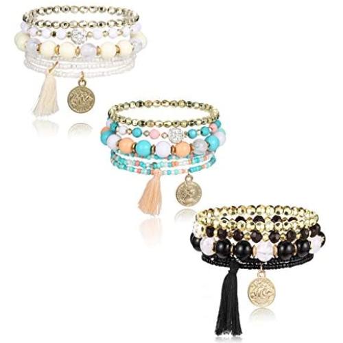 Udalyn 3 Sets Bohemian Stackable Bead Bracelets for Women Men Multilayered Bracelet Set Pendant Tassel Charm Stretch Bangles