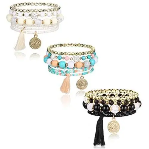 Udalyn 3 Sets Bohemian Stackable Bead Bracelets for Women Men Multilayered Bracelet Set Pendant Tassel Charm Stretch Bangles Udalyn 3 Sets Bohemian Stackable Bead Bracelets for Women Men Multilayered Bracelet Set Pendant Tassel Charm Stretch Bangles