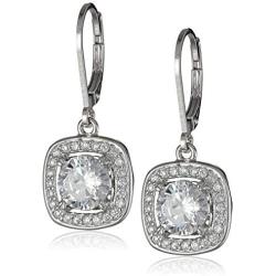 Sterling Silver Cubic Zirconia Round-Cut Halo Drop Leverback Earrings (3 cttw)