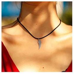 Yfe Angel Wing Necklace Choker Black Cord Choker Necklace for Women and Girls Personalized Choker Pendant (Silver)