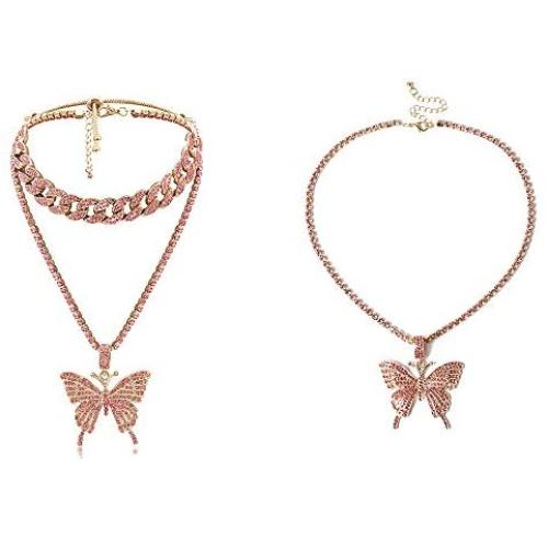 2 Set Butterfly Cuban Link Necklace Set Hip Hop Chock Chain Iced Out Sparking Bling Zircon Crystal Collar Animal Butterfly Pendant Necklace for Women Girl Party Luxury Rock Jewelry