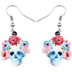 NEWEI Acrylic Halloween Floral Skull Earrings Drop Dangle Big Long Fashion Jewelry for Women Girls Gift Charms