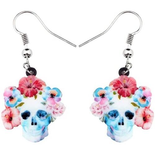 NEWEI Acrylic Halloween Floral Skull Earrings Drop Dangle Big Long Fashion Jewelry for Women Girls Gift Charms