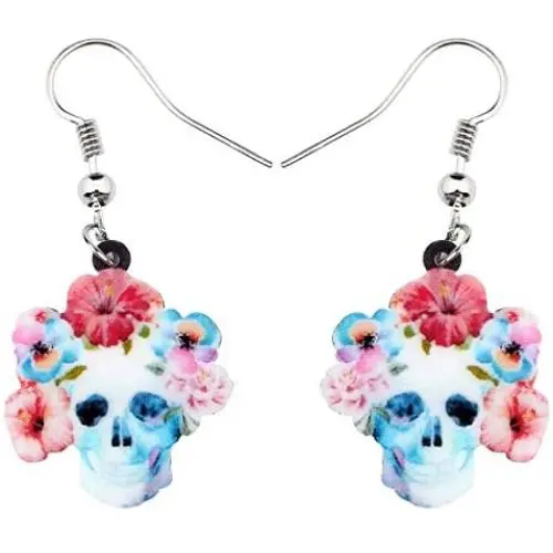 NEWEI Acrylic Halloween Floral Skull Earrings Drop Dangle Big Long Fashion Jewelry for Women Girls Gift Charms