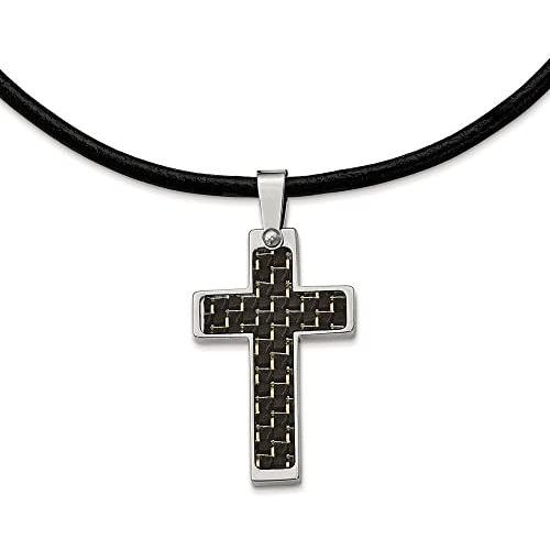 Solid Stainless Steel Mens Black Carbon Fiber Inlay Cross Leather Cord Pendant Necklace Charm Chain